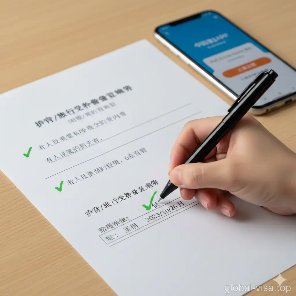 一张高清晰度的特写实拍图或超写实插画，聚焦于‘手写签名’这一关键动作。画面展示一只手握着黑色签字笔，正在表格底部的‘签名’栏内工整地签上名字和日期。旁边放着一部智能手机，屏幕上模糊显示着‘中国领事’APP的界面，暗示填写后需拍照上传。画面中有绿色的对勾符号点缀，象征正确填写的示范，光线明亮，重点突出，消除用户对填写错误的恐惧。