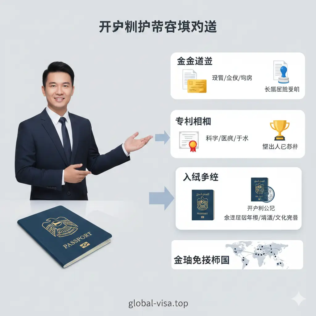 一张表现申请流程与入籍路径的教程类插图。画面左侧是一位专业形象的身份规划顾问正在指引路径，右侧是代表黄金签证和专才提名政策的文档与印章元素。整体风格类似干净的商业信息图表，使用浅灰色和淡蓝色背景，通过逻辑清晰的视觉引导，展示从居留到入籍的演变过程。构图整洁，避免杂乱，强调政策的权威性与流程的专业感。