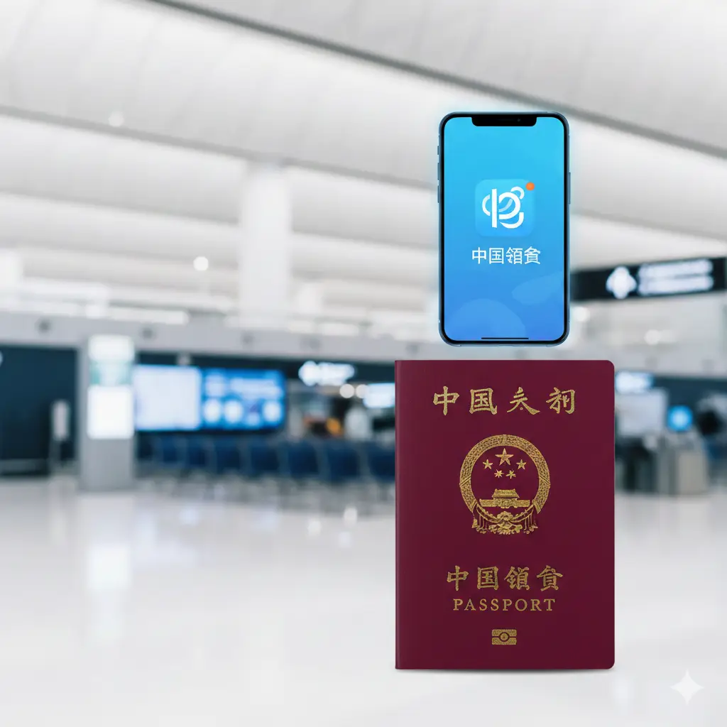 一张高质量的封面图，背景为模糊的现代国际机场出发大厅。画面中央特写一本深红色的中国护照，护照上方悬浮着一个发光的智能手机，手机屏幕上显示着‘中国领事’APP的图标。构图采用中心对称，色调以温暖的中国红和科技蓝为主。画面顶部或侧面留有空白，方便叠加‘2025最新版海外换证指南’的标题文字，整体风格专业、权威且富有现代感。