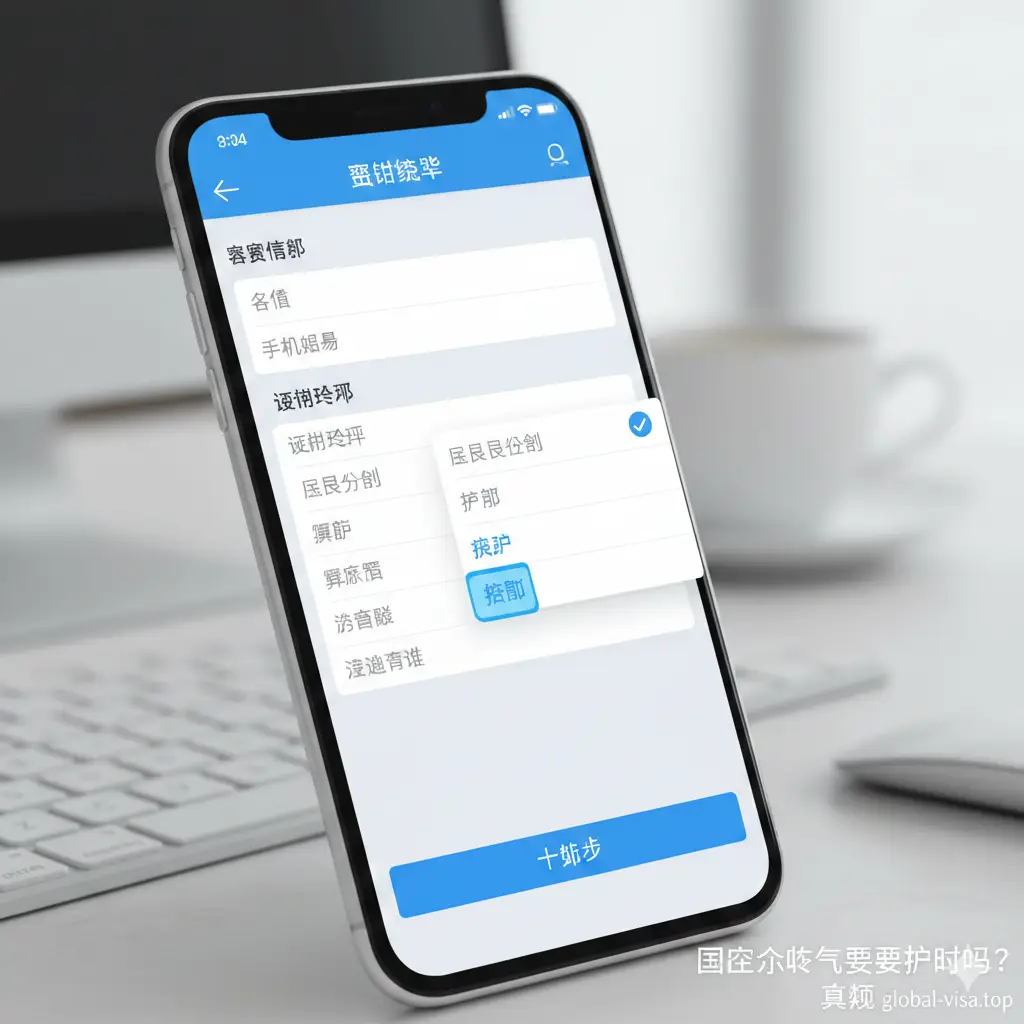 一张特写视角的教程类图片，展示用户在手机上使用OTA平台（如携程或航司APP）预订机票的场景。焦点集中在手机屏幕的表单填写区域，清晰显示'证件类型'下拉菜单，其中'护照'选项被高亮选中。背景是模糊的商务办公桌或咖啡厅环境，暗示商务人士的订票场景。整体构图聚焦，光线柔和，色彩以APP界面的UI蓝白配色为主，直观指导用户如何在购票环节正确操作。