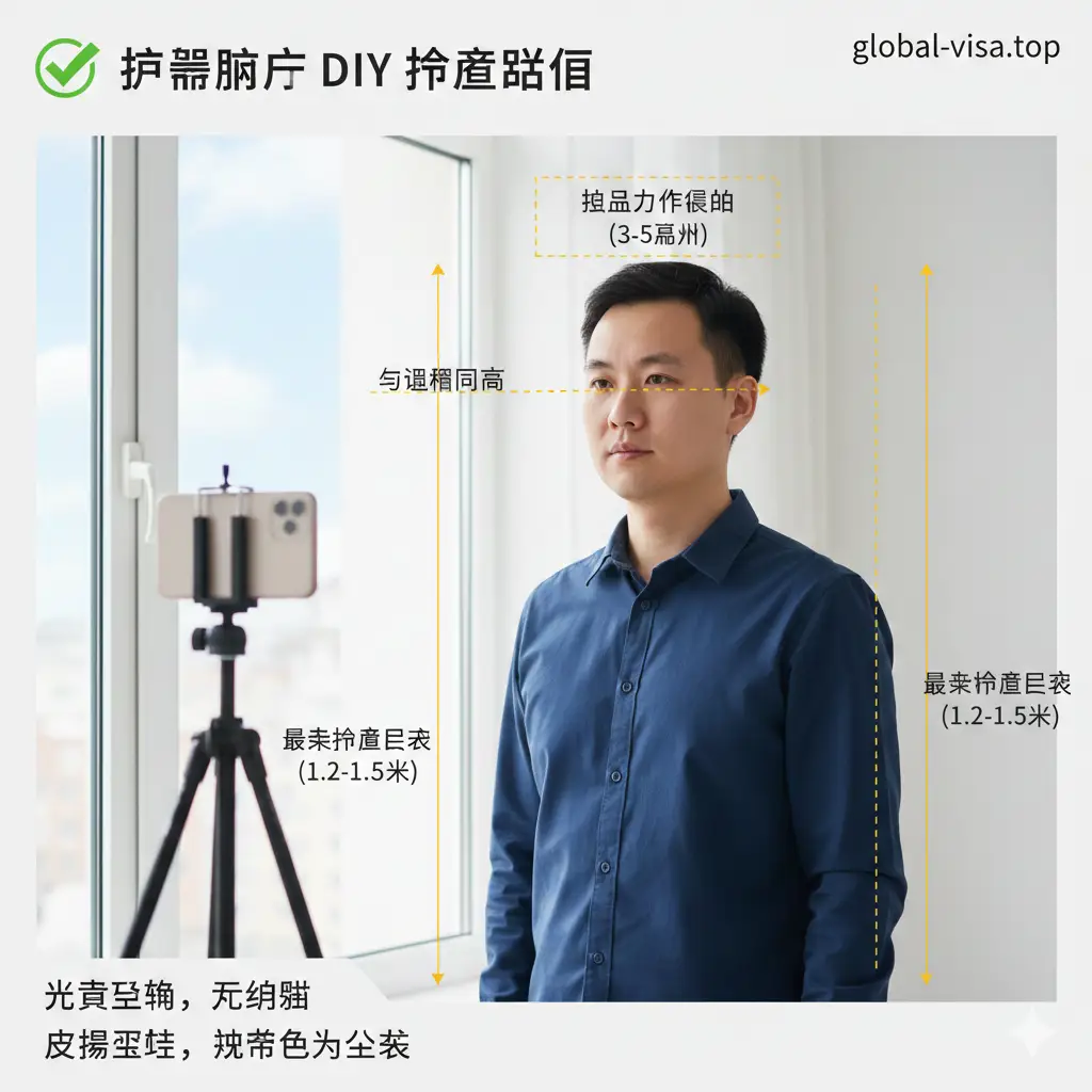一张手把手教用户DIY拍摄护照照片的教程图。画面展示一名用户正对着明亮的自然光源（窗户）站立，前方放置着带三脚架的手机。图中用虚线和箭头标注出最佳拍摄距离、眼睛高度以及头部的留白。风格为扁平化插画或实景合成，强调光线均匀、背景洁净等关键教程步骤。