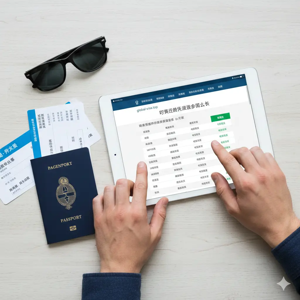 一张写实的教程指导风格图片。展示一名旅行者正在使用平板电脑查询 global-visa.top 网站上的免签列表，桌面上放着阿根廷护照、机票和一副墨镜。画面采用俯视构图（Flat Lay），光线自然明亮，强调‘查阅-规划-出发’的流畅过程，色彩清新，展现轻松规划旅程的氛围。