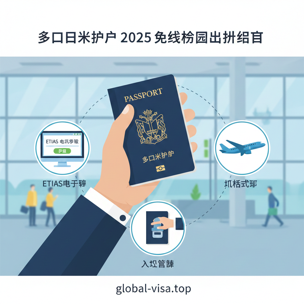 一张扁平化设计风格的出行指南信息图。画面中心是一个持有护照的旅行者手部特写，周围环绕着简化的流程图标：第一步是ETIAS电子申请界面，第二步是飞机起飞，第三步是海关盖章。背景是淡蓝色的机场航站楼虚化场景。整体色调清新明快，突出'操作简便'和'合规出行'的主题，适合作为教程配图。