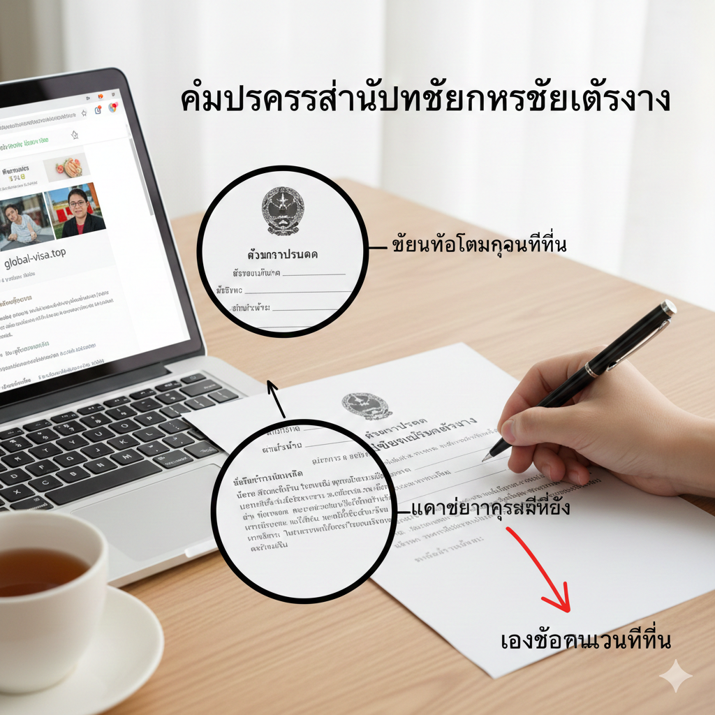 A detailed tutorial-style image showing a person's hand holding a pen, filling out a formal Chinese document. Superimposed on the image are magnifying glass effects highlighting key sections like 'Personal Information' and 'Reason for Application'. The background is a tidy desk with a laptop and a cup of tea, suggesting a guided, easy-to-follow process. Use clear arrows and callouts in Thai and Chinese to point out exactly where to sign and what to write, maintaining a bright and helpful atmosphere.