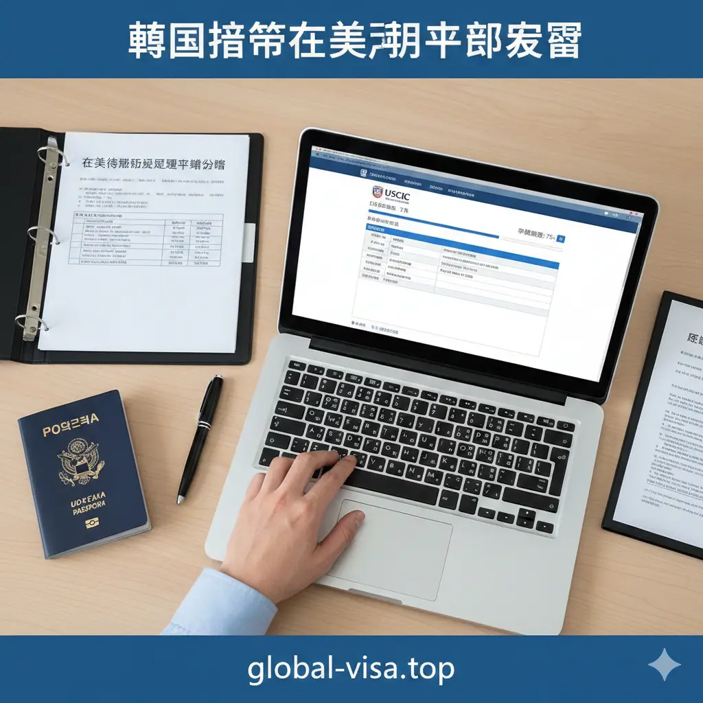 一张展示在线申请流程的场景图。画面中一只手正在笔记本电脑上操作美国移民局USCIS官网的I-539申请界面，屏幕上显示着进度条和电子表格。桌面一旁放着韩国护照、签字笔和一些证明文件。光线明亮清晰，采用俯视构图。