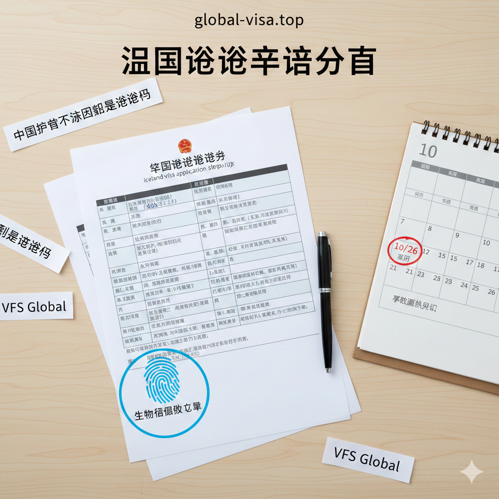 一张俯拍视角的平铺图（Flat lay），展示冰岛签证申请的步骤要素。画面包含一份打印好的签证申请表、一支钢笔、日历（圈出预约日期）、以及象征生物信息采集的指纹图标。物品摆放整齐有序，光线明亮柔和，传达出流程清晰、准备充分的视觉感受，引导用户按照步骤进行操作。