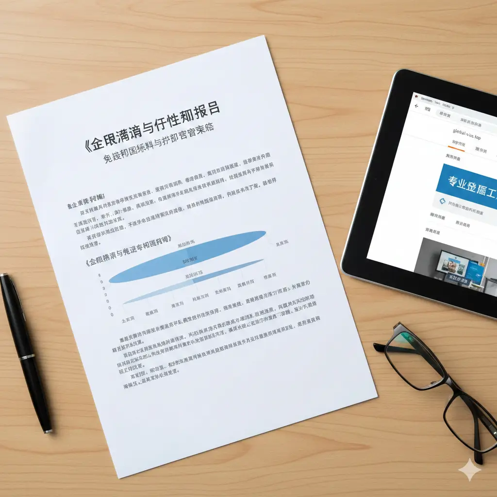 一张具有引导感的教程风格图片。画面展示一个整洁的办公桌面，上面平放着一份《全球通行与身份规划报告》的文档。旁边是一支钢笔、一副眼镜和一台显示着Global-visa.top网站界面的平板电脑。构图采用俯视视角，色调明亮自然，重点突出如何通过专业评估工具进行护照配置的流程感，风格简约专业。