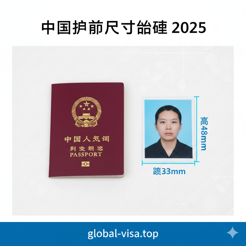 一张极具权威性的封面图片，展示一本真实的中华人民共和国护照（暗红色封面，烫金国徽）放置在干净的白色桌面上。护照旁边放着一张标准的人像证件照，照片周围用明亮的青色线条标注出具体的尺寸参数：宽33mm，高48mm。背景设计简约大气，带有微弱的全息防伪纹理作为装饰，灯光均匀明亮，营造出官方、专业、可信赖的视觉氛围，适合作为global-visa.top的权威指南封面。