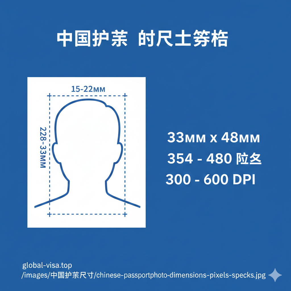 一张清晰的信息图表（Infographic），详细拆解中国护照照片的技术规格。画面中心是一个标准的证件照轮廓图，头部位置用虚线框出，并标注头部宽度（15-22mm）和高度（28-33mm）。右侧列出关键数字数据：'33mm x 48mm'，'354 - 480 px'，'300 - 600 DPI'。色彩采用商务蓝与纯白搭配，字体现代清晰，重点数据加粗显示，帮助用户一眼看清所有核心参数。