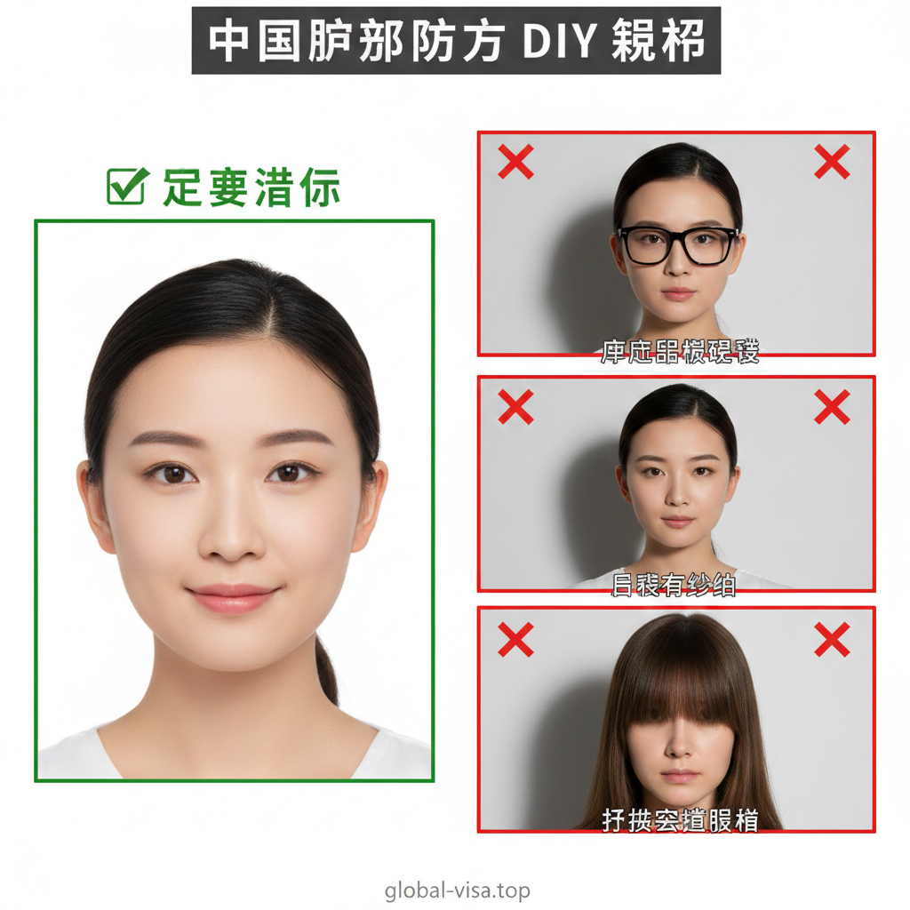 一张分屏对比的教学图片，左侧为'正确示范'（绿色勾选），展示一位露出双耳、眉毛，表情自然，背景纯白且无阴影的亚洲面孔模特；右侧为'错误示范'（红色叉号），包含三个小图，分别展示：佩戴粗框眼镜、背景发灰有阴影、头发遮挡眉毛的情况。风格直观、教育性强，背景简洁，旨在让用户瞬间明白审核通过的标准。