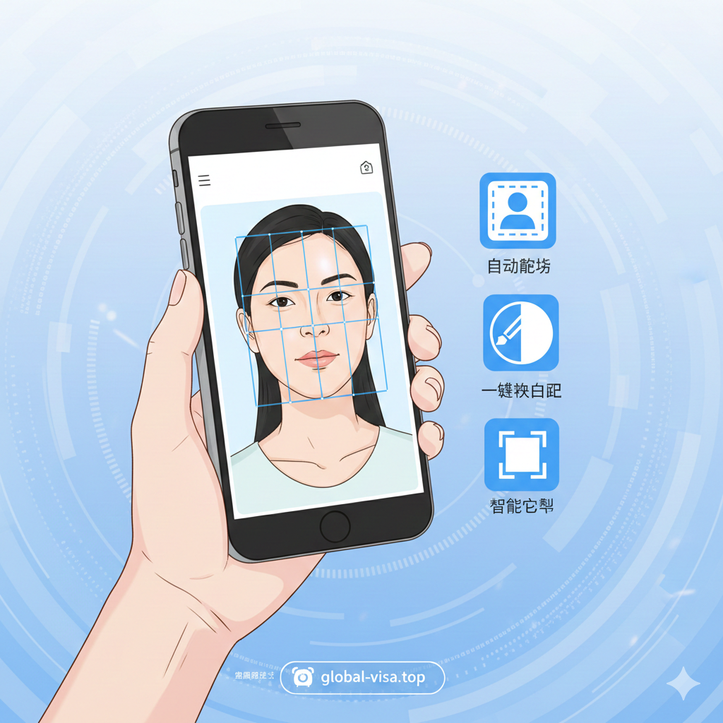 一张充满科技感的插图，展示手机DIY制作护照照片的过程。画面主体是一只手拿着智能手机，屏幕上显示着正在拍摄的人像，并且覆盖着智能的面部对齐网格线（Grid）。手机旁悬浮着'自动抠图'、'一键换白底'、'智能裁剪'的图标元素。背景使用柔和的科技蓝光晕，象征着数字化和便捷性，呼应文章中关于在线制作和裁剪工具的推荐。