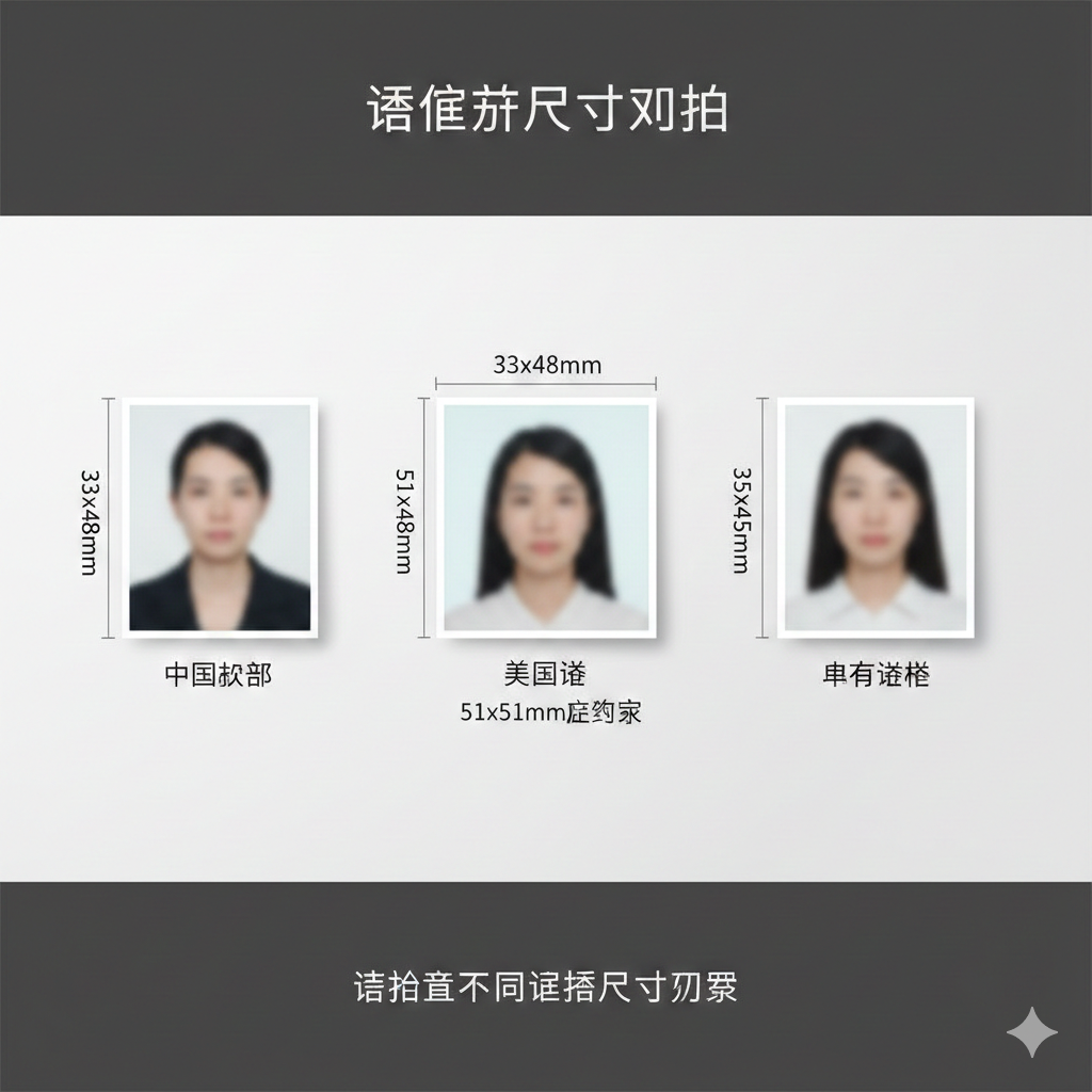一张尺寸对比总结图，横向排列展示三种常见的证件照规格。左边是'中国护照 (33x48mm)'，中间是'美国签证 (51x51mm正方形)'，右边是'申根签证 (35x45mm)'。每张照片下方都有清晰的文字标签和尺寸标注。图片设计具有空间感，照片带有轻微投影，背景为淡雅的灰白色，旨在提醒用户注意不同证件之间的尺寸差异，作为文章的有力总结。