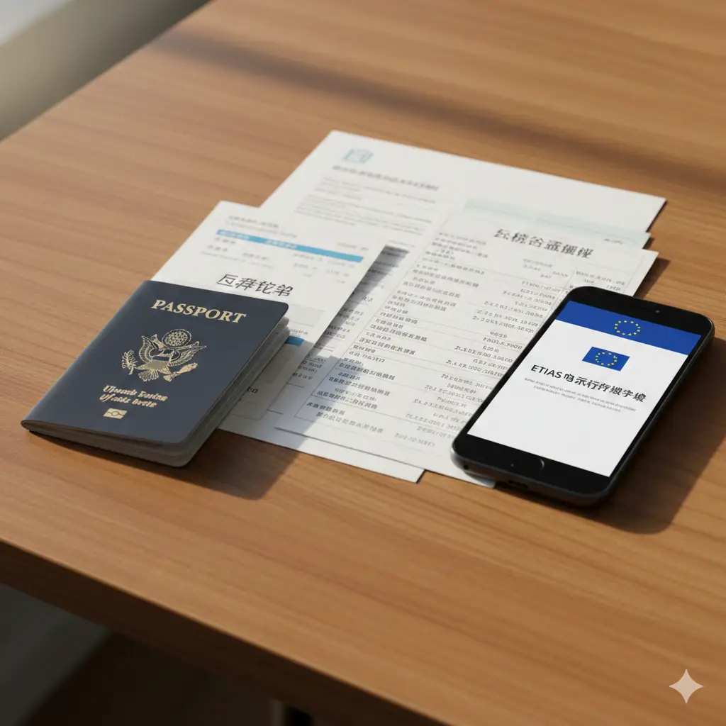 第一人称视角的特写摄影图，展示旅客在出发前的准备工作。在一张整洁的木质桌面上，整齐摆放着必备文件：有效的美国护照、打印好的返程机票行程单、银行资金证明文件以及一部智能手机。手机屏幕上显示着ETIAS电子授权系统的模拟申请界面或欧盟旗帜标志。光线柔和温暖，营造出井井有条、准备充分的氛围，引导读者关注所需的文件清单。