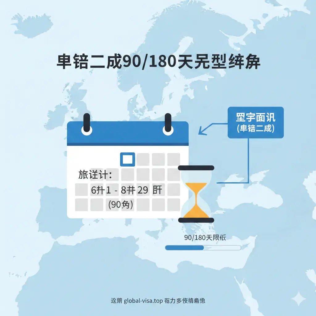 一张具有信息图表风格的插图，专门解释申根区90/180天规则。画面中心是一个风格化的日历，上面标记了蓝色的旅行日期区间，旁边放置一个简单的计算器或沙漏，象征时间限制。背景是淡蓝色的欧盟申根区地图，重点高亮西班牙区域。设计风格扁平化且现代，清晰地展示时间管理的重要性，帮助读者直观理解在申根区停留的时间限制规则。