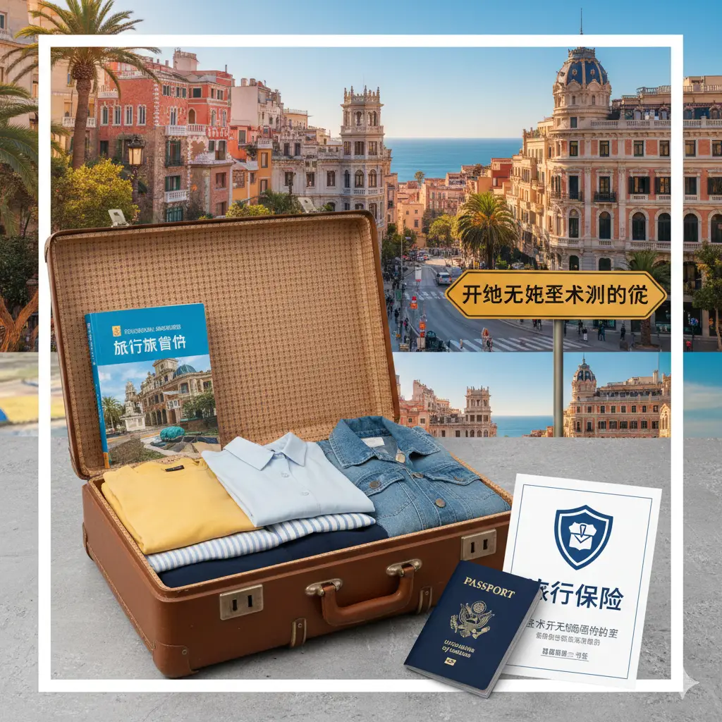 一张综合性的旅行规划总结图片，采用拼贴或构图精美的静物风格。画面包含一个打开的行李箱，里面装有衣物和旅行指南，旁边放着美国护照和一张带有'Travel Insurance'（旅行保险）字样的盾牌图标或文件。背景融合了巴塞罗那或马德里的美丽街景，色彩鲜艳饱满，寓意着在充分了解政策、购买保险后，即将开启一段安全、无忧的西班牙之旅。