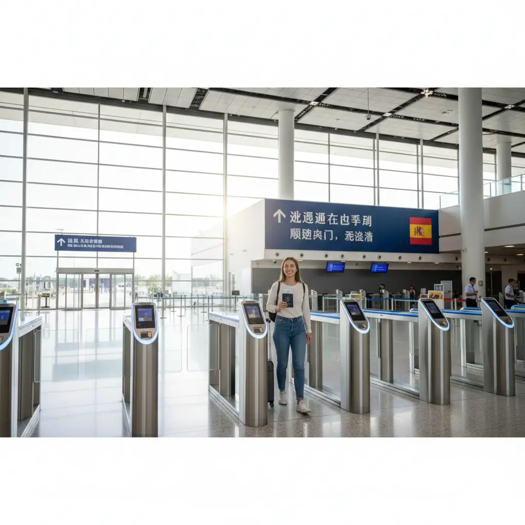 展示现代化的西班牙机场（如马德里巴拉哈斯机场）入境场景。一位拿着美国护照的旅客正微笑着轻松通过海关或电子闸机，背景有'Welcome to Spain'或西班牙语'Bienvenidos'的指示牌。画面强调通关的顺畅与高效，避免拥挤和复杂的排队场景，通过明亮、通透的广角构图，体现美国公民享受免签入境待遇的便捷优势。