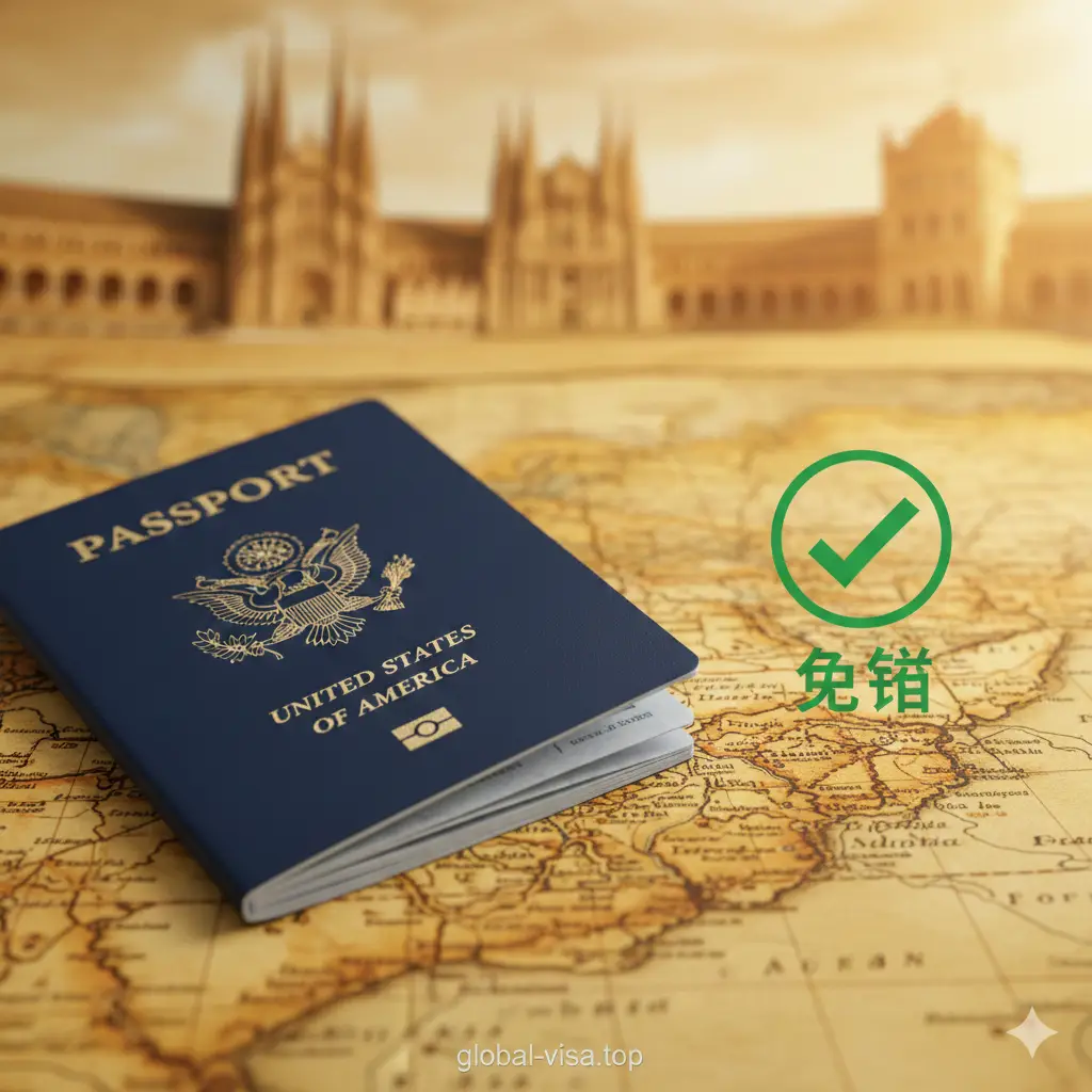 一张高质量的专业封面图，展示一本深蓝色的美国护照平放在一张复古风格的西班牙地图上。背景虚化处理，隐约可见西班牙标志性建筑如圣家堂（Sagrada Familia）或塞维利亚广场的轮廓。画面右侧有一个绿色的'Visa Free'（免签）图章效果或勾选符号，光线明亮自然，整体色调结合了美国护照的蓝色和西班牙的暖黄色，传达出无需签证即可轻松旅行的积极、权威信息。