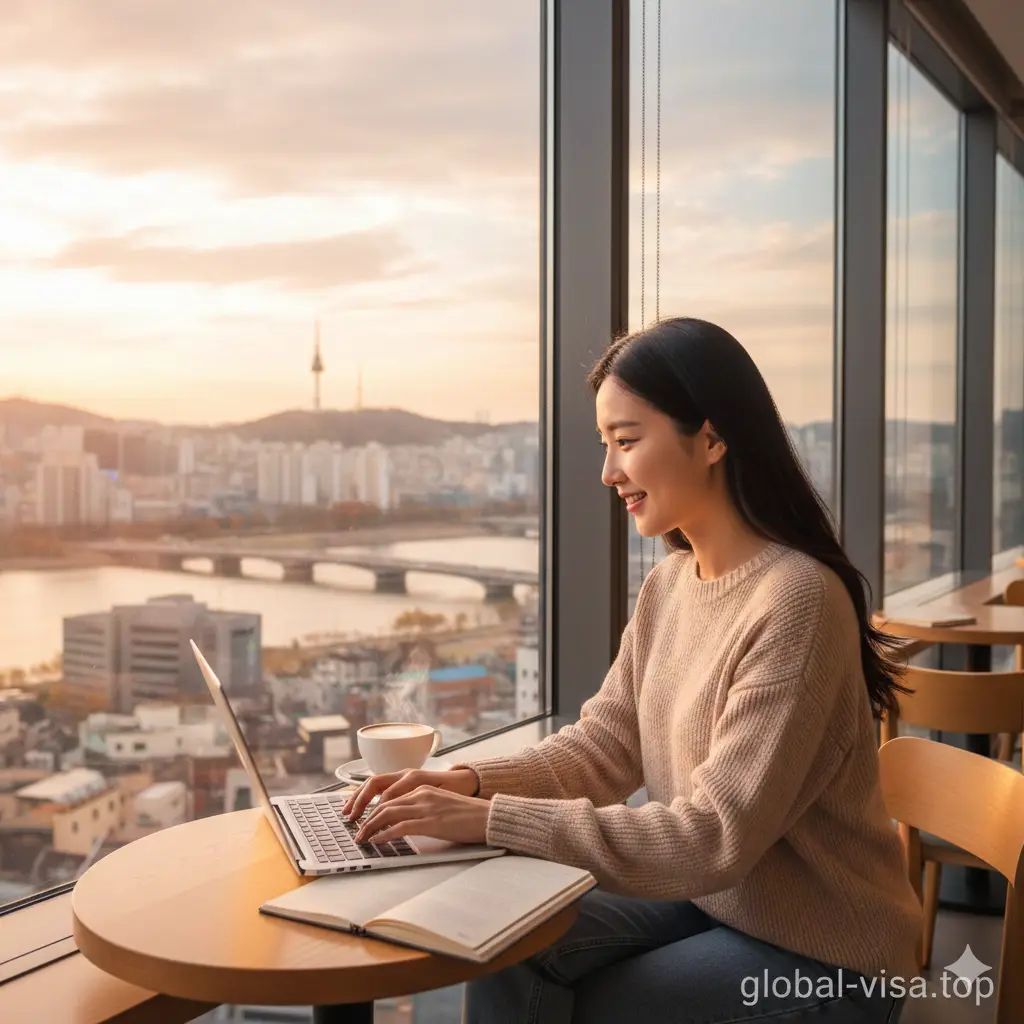 一张展示长期居留或F-4签证优势的生活方式图片。画面描绘了一位亚裔美国人（美籍韩裔形象）在首尔一家现代化的咖啡馆内，使用笔记本电脑舒适地远程工作，窗外是繁华的首尔城市景观。图片传达出'数字游民'和'长期居留'的惬意感，色调温暖舒适，强调持有美国护照的特殊人群（如韩裔）在韩国享受的签证便利和生活质量。