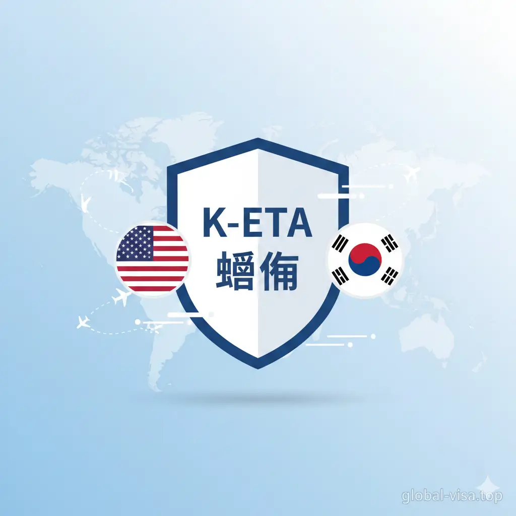 一张现代扁平化或微立体风格的概念插图，用于解释K-ETA豁免政策。画面中心是一个盾牌或印章形状的图标，上面写着'K-ETA Exempt'（K-ETA豁免），连接着左侧的美国国旗图标和右侧的韩国太极旗图标。背景采用科技感的浅蓝色渐变，辅以象征航空旅行的虚线航路图。图像清晰直观，旨在让用户一眼看懂美国公民目前无需申请电子旅行许可的政策优势。