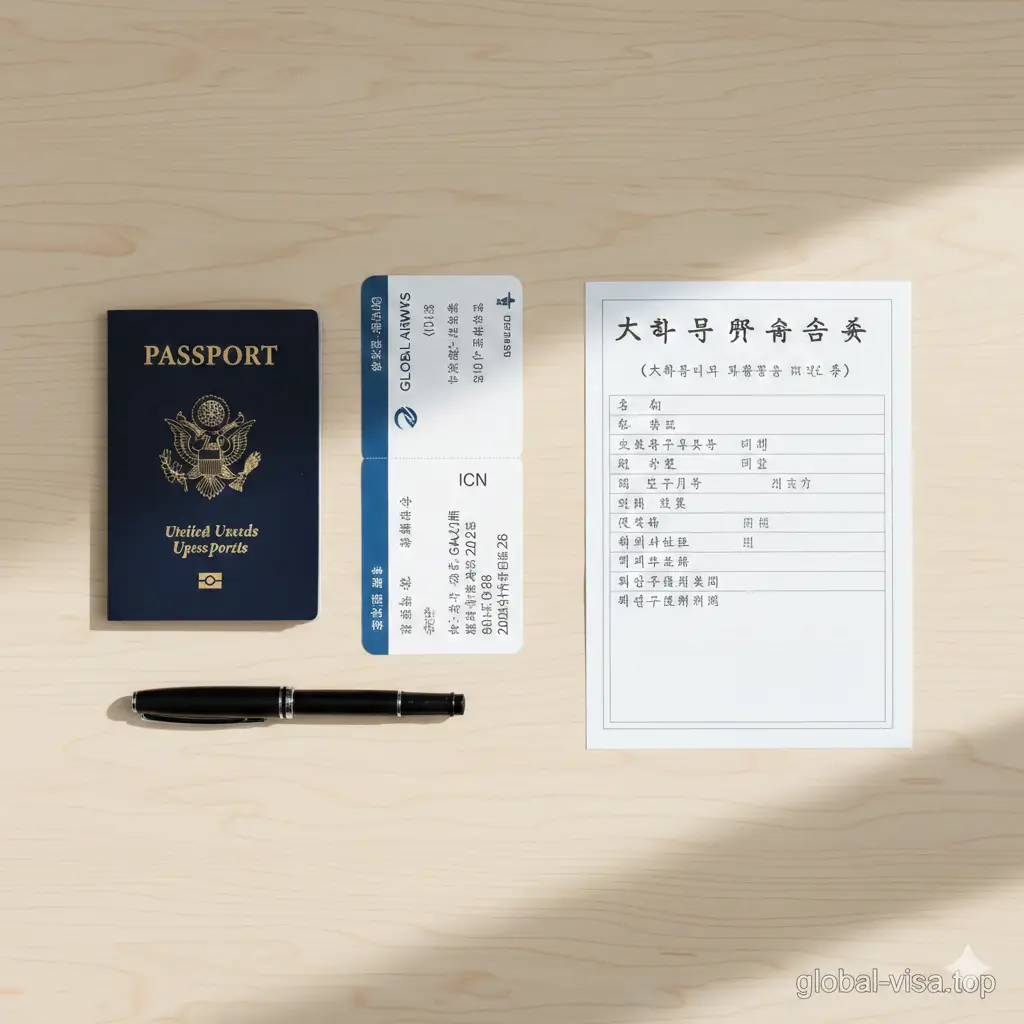 一张俯拍的平铺（Flat-lay）风格摄影图，展示入境韩国所需的必备物品清单。在干净的白色或浅木纹桌面上，整齐摆放着一本美国护照、一张显示目的地为'ICN'（仁川）的登机牌、一支钢笔以及一张通用的纸质《韩国入境卡》样本。光线采用自然光，投影柔和，营造出井井有条的出发前准备氛围，帮助读者直观理解入境流程中的实物要求。