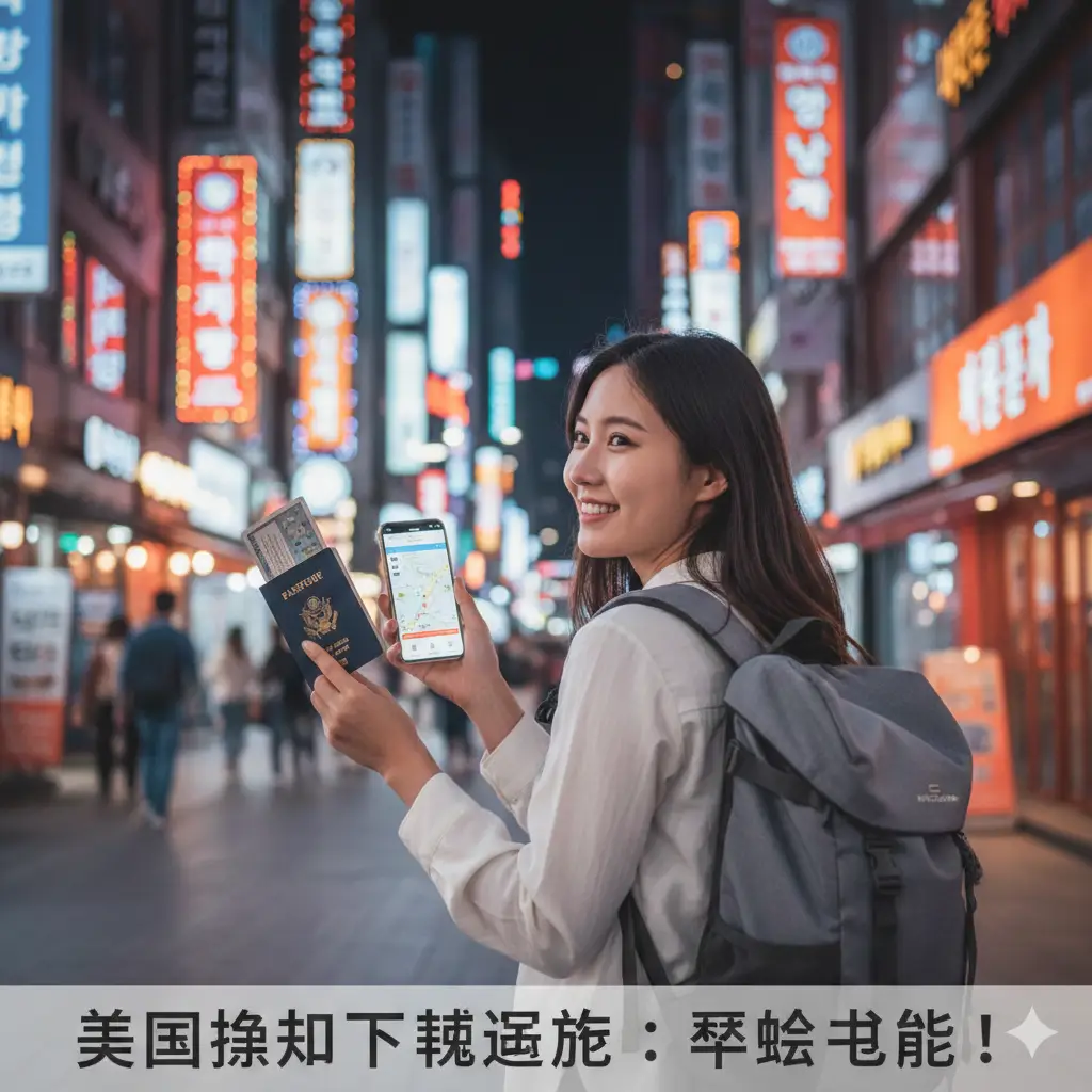 一张充满活力的旅行总结图片，背景是夜晚灯火辉煌的韩国明洞或弘大街道，霓虹灯牌闪烁。前景是一位背着旅行包的游客手持美国护照和智能手机，似乎正在查看地图或攻略，准备开始探索。画面采用大光圈拍摄，背景呈现漂亮的散景效果（Bokeh），色彩丰富饱和，象征着在阅读完攻略后，用户可以轻松无忧地开启精彩的韩国之旅。