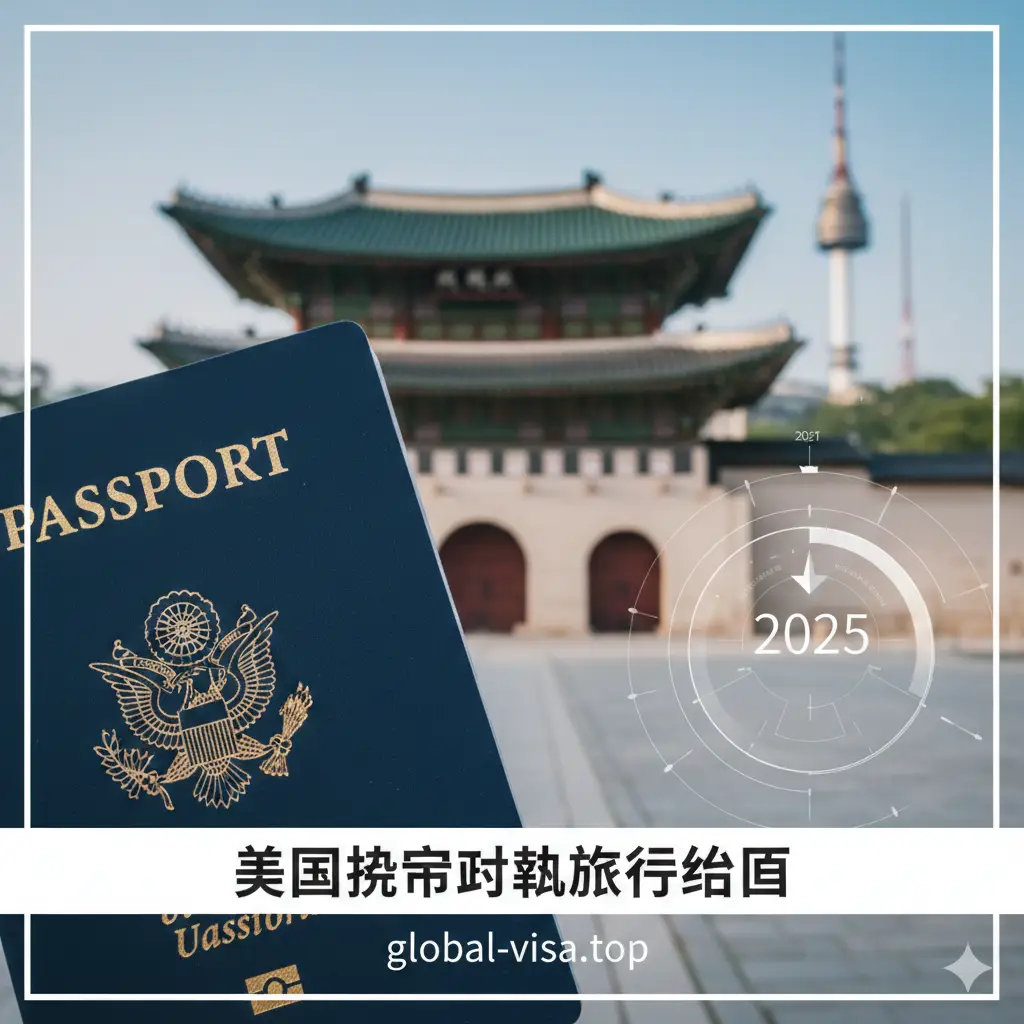 一张高质量的特写摄影图片，展示一本深蓝色的美国护照放置在前景，背景是虚化处理的首尔地标建筑（如景福宫或N首尔塔）。光线柔和明亮，突显护照封面上的金箔文字。整体色调结合了美国护照的深蓝与韩国传统建筑的朱红与翠绿，画面右侧可以隐约看到'2025'或'Entry Guide'的虚构全息概念元素，象征着最新的入境政策攻略，风格专业且具有旅游吸引力。