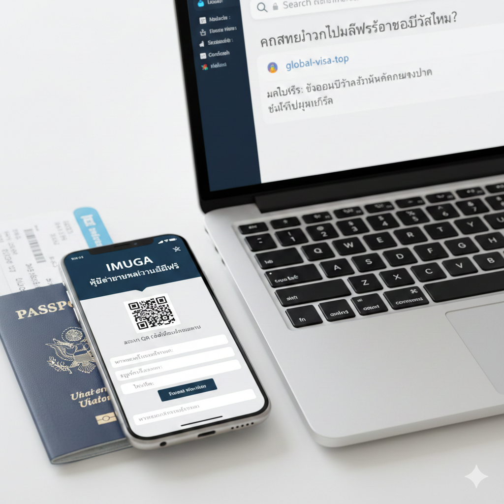 A close-up shot of a modern smartphone and a laptop on a clean white desk. The smartphone screen displays a mock-up of the Maldives IMUGA Traveler Declaration website with a clear QR code ready for scanning. Next to the devices is a US passport and a boarding pass. The lighting is soft and natural, emphasizing a step-by-step digital preparation process for travelers.