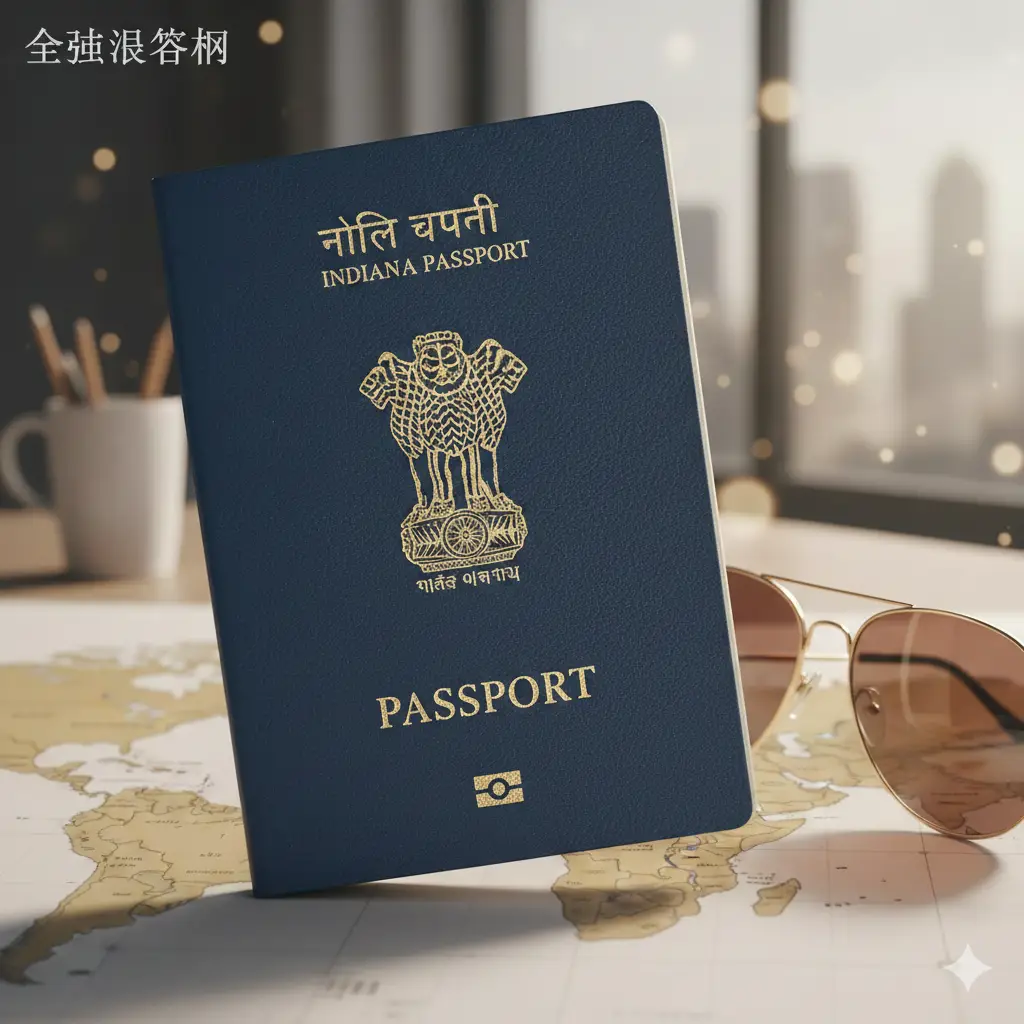 一张高清的印度普通护照封面特写,深蓝色皮革质感,中心印有金色的印度国徽和护照字样。护照斜放在一张现代化的世界地图和一副复古墨镜旁,背景光线柔和且具有商务感,色调以深蓝、金和暖白为主,展现出国际旅行的专业与权威感,左上角微弱透出Global-Visa.top的品牌极简水印风格。
