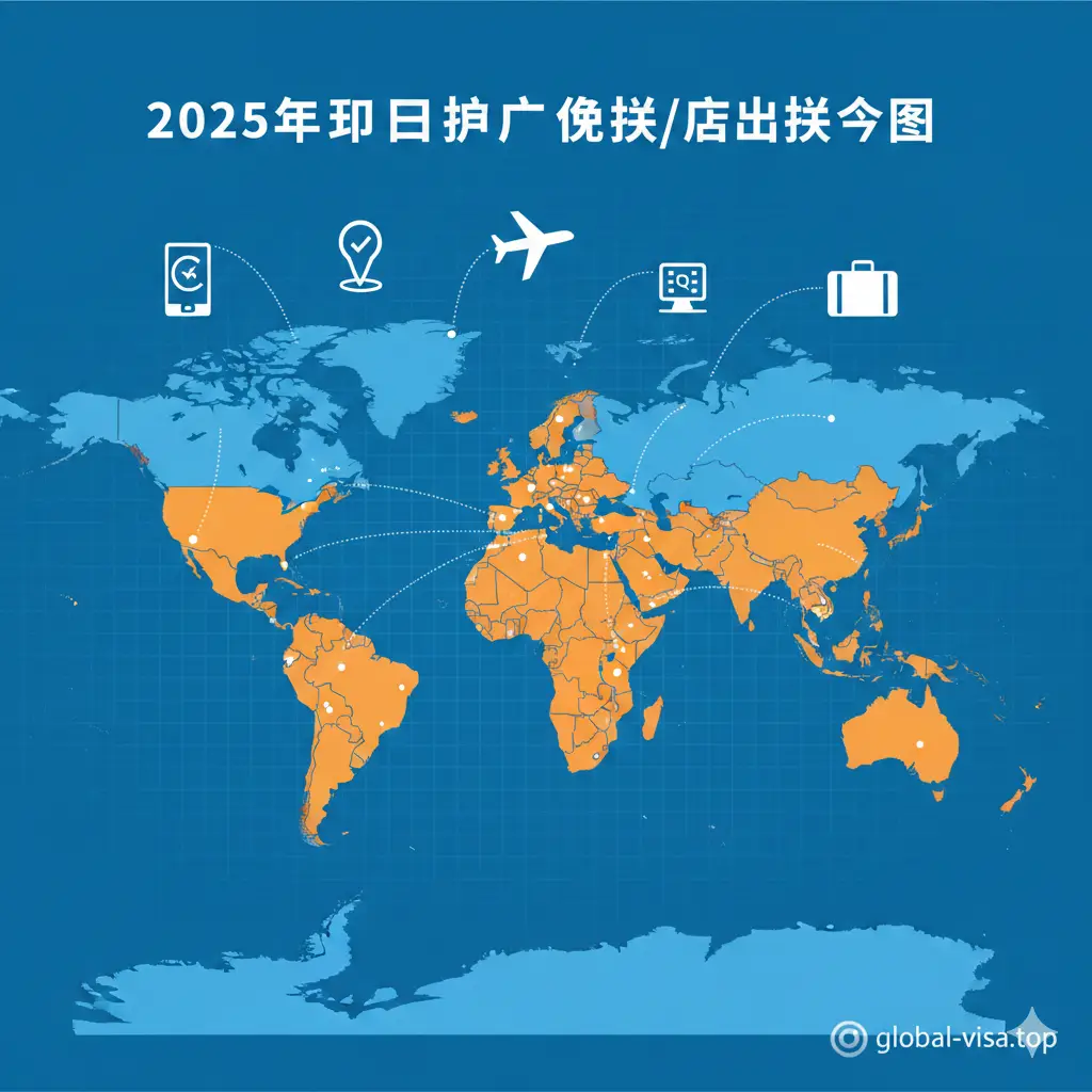 一张具有视觉冲击力的全球地图插画,通过亮色高亮显示印度护照在2025年免签或落地签的国家,如泰国、马尔代夫和尼泊尔。地图采用简洁的扁平化设计,色调为科技蓝与活力橙,地图上方悬浮着各种旅行图标如飞机、印章和电子签符号,生动展示印度护照日益增强的国际流动性与功能性。