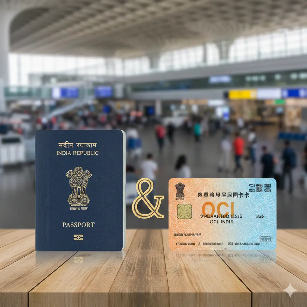 对比视觉图,左侧是深蓝色的印度普通护照,右侧是极具辨识度的OCI海外印度公民卡。两者并排摆放在干净的木质桌面上,中间通过一个微妙的‘&’符号连接。背景中隐约可见繁忙的国际机场候机厅,强调了两种证件在长期居留和多次入境方面的独特优势,色调温馨且充满信任感。