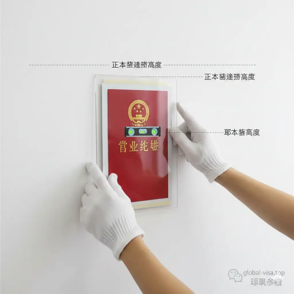 一份直观的营业执照挂框安装教程图片。画面展示一只戴着专业白手套的手，正在将装好执照的免打孔保护套水平固定在干净的办公室白墙上。图中带有半透明的水平仪线条指示，标注出‘正本’与‘副本’的悬挂高度建议。风格简约实用，采用明亮的室内光，构图工整，旨在解决用户关于安装不掉落和对齐的痛点，传达出专业合规的办公整理美学。