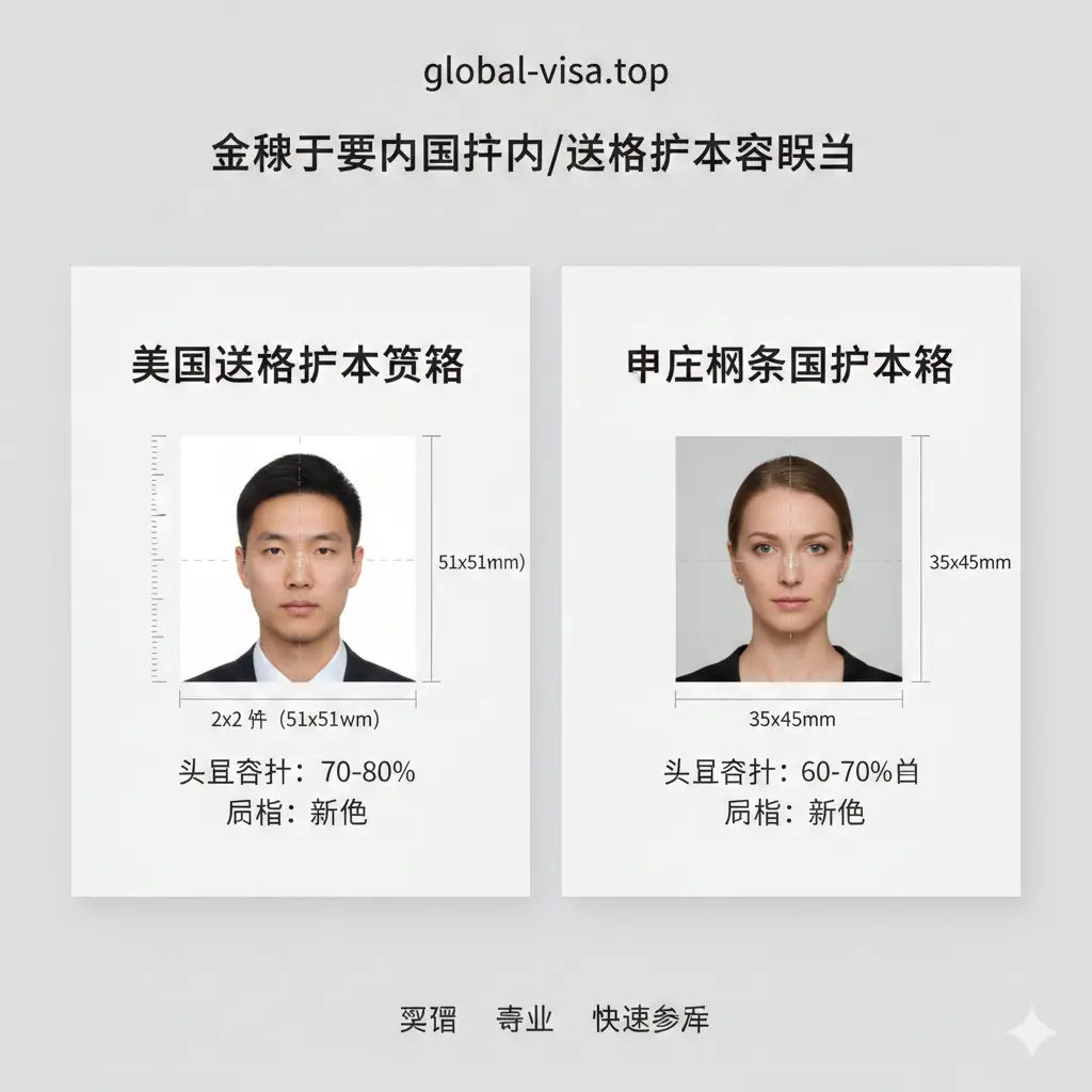 一张展示全球主要国家护照图片规格的功能性信息图。画面采用分屏对比排版，左侧展示美国签证所需的2x2英寸正方形照片，右侧展示申根国家35x45mm的长方形照片。图片带有半透明的尺寸标注线和比例尺，背景色调简洁，文字使用清晰的黑体。整体风格严谨专业，重点突出头部占比和背景色要求，便于用户快速获取核心参数。