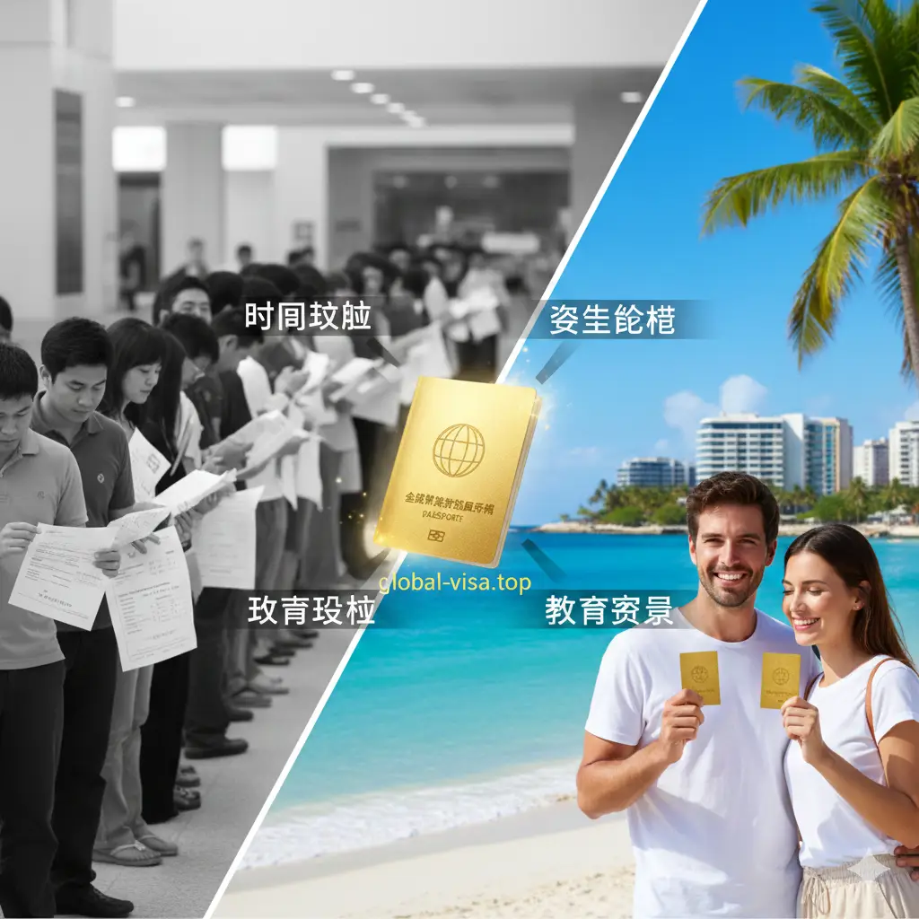 体现投资入籍优势的对比图。画面左侧是灰色的繁琐签证申请表和等待的长龙，右侧是色彩鲜艳、阳光明媚的加勒比海滩和欧盟建筑背景，中间由一本金色光芒环绕的护照连接。这种强烈的对比突出了获取第二护照在时间效率、资产配置和教育资源上的核心优势。色彩饱满，充满希望感。