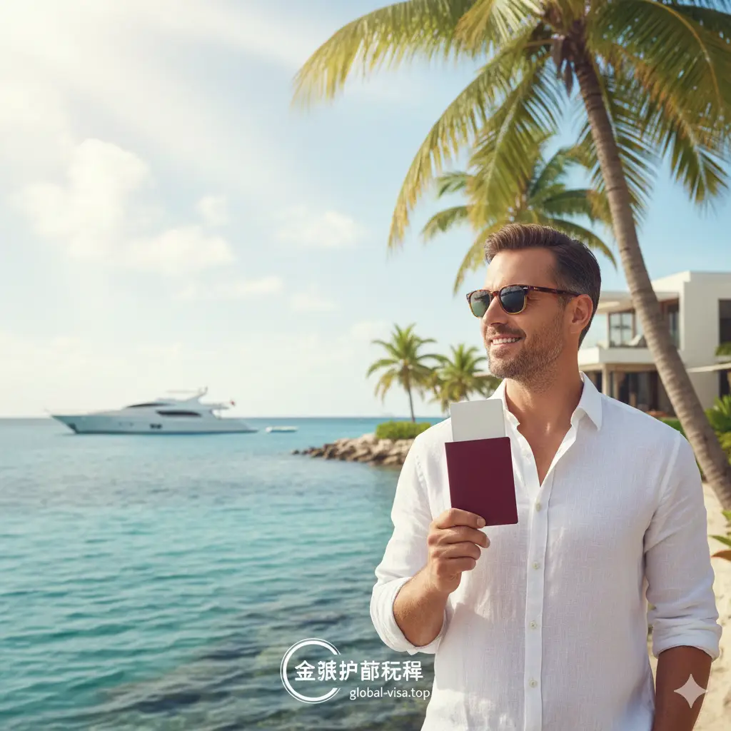 展示第二身份投资移民优势的图片。构图展现一位精英人士在海边度假胜地（加勒比海风格，有棕榈树和蓝绿色海水）手持圣基茨或土耳其护照的近景，背景隐约可见豪华房产或私人游艇。阳光明媚且富有质感，传达出资产配置、税务规划和生活品质提升的优越感，色彩饱和度高，充满商务精英气息。