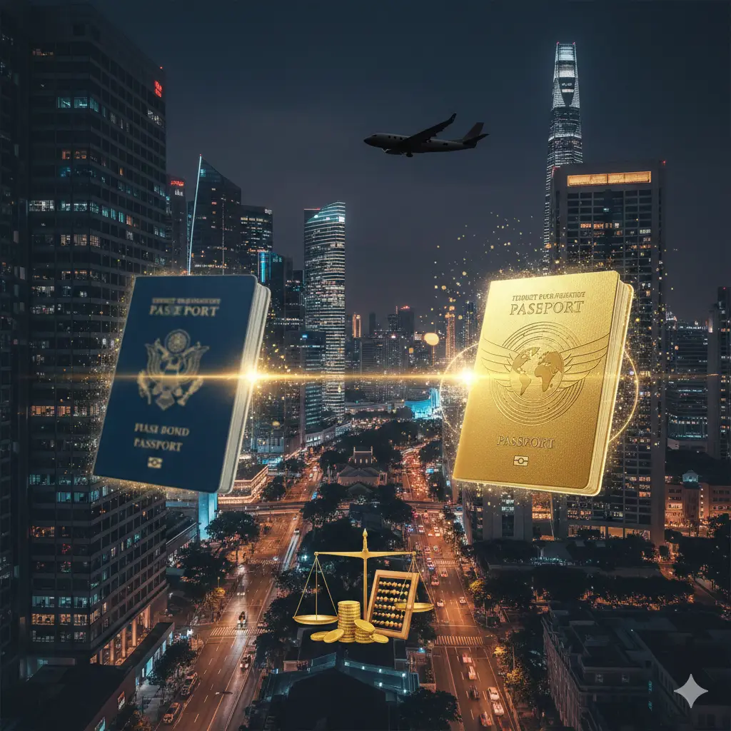 展示投资移民与第二护照优势的创意图。画面左侧是现有的普通护照，右侧是通过金色光芒连接的第二本高端护照，背景是繁华的全球金融中心街景（如新加坡或伦敦）。视觉上使用了对比构图，金色元素象征财富与身份的跃升，色彩饱和度高，充满自信感。画面中点缀有象征商务自由的私人飞机剪影和税务规划的平衡感元素，体现出‘含金量’与‘全球流动性’的核心优势。