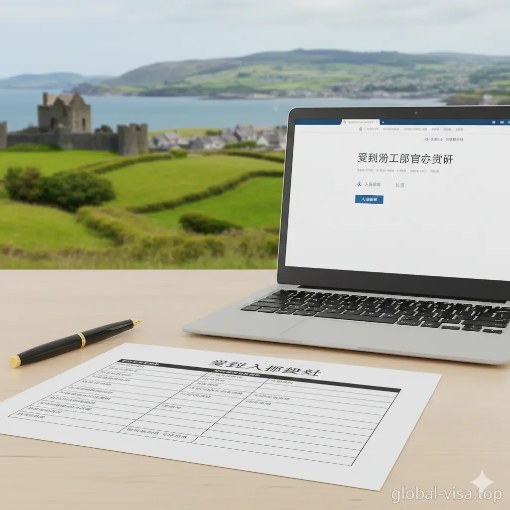 关于爱尔兰入籍申请流程的视觉引导。画面展示一张整洁的办公桌，上面放着笔、精准的申请表格、电脑屏幕上显示着爱尔兰司法部官网界面。背景融入了爱尔兰优美的居住环境缩影。色彩明亮清晰，使用自然的日光色调。构图采用平视角度，展现出办理过程的系统性、规范性和专业指导感，帮助读者理解申请的步骤。