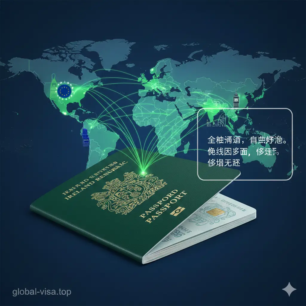 展示爱尔兰护照作为全球通行证的功能性。画面中心是一本打开的爱尔兰护照，背景是一张带有发光航线的世界地图，重点标记欧洲和英国区域。色彩使用现代感的科技蓝与翠绿色（爱尔兰代表色），点缀着欧盟旗帜和英国标志性元素。画面构图开阔，体现出自由迁徙、免签通行和多国定居的功能优势，风格专业且充满活力。