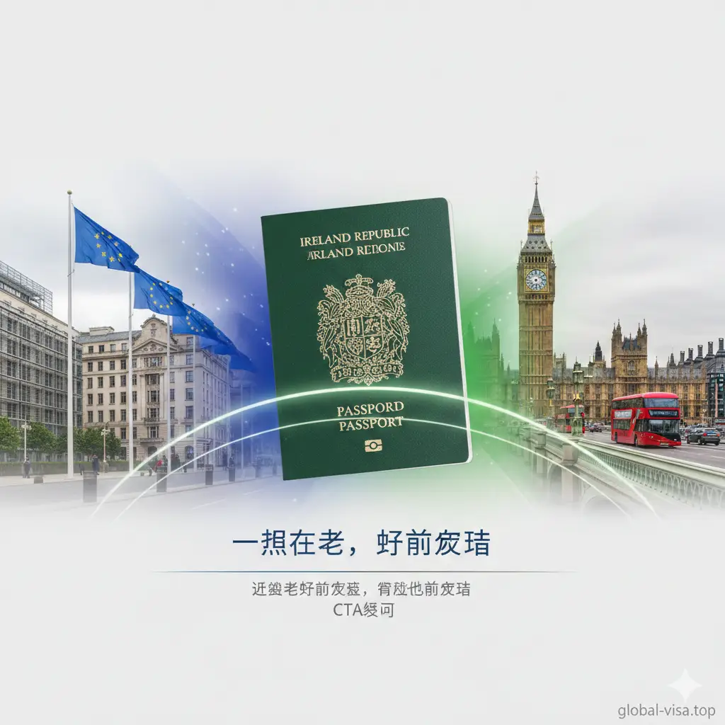 深度展示爱尔兰护照在欧盟与英国之间的独特双重优势。画面左侧是象征欧盟的布鲁塞尔建筑，右侧是象征英国的大本钟，中间由一枚爱尔兰护照连接。色彩上巧妙融合了欧盟蓝与爱尔兰绿。构图采用对比平衡法，视觉化呈现CTA协议带来的特殊权利，强调“一照在手，畅通欧英”的核心竞争优势，整体风格端庄大气。