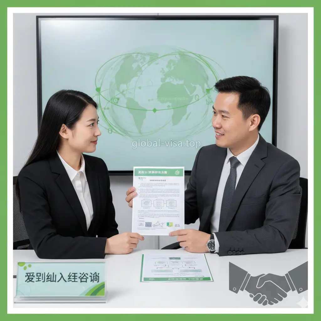 总结性图片，展示专业的全球移民咨询场景。一位专业的顾问正在为客户讲解爱尔兰护照的办理方案，背景带有global-visa.top的品牌调性，呈现出可靠、成功的氛围。画面包含入籍证书样本和握手的剪影，色彩偏向稳重的商务灰和生机的草绿色。构图紧凑且温馨，传达出通过专业机构代办能够省心、高成功率的最终价值感。