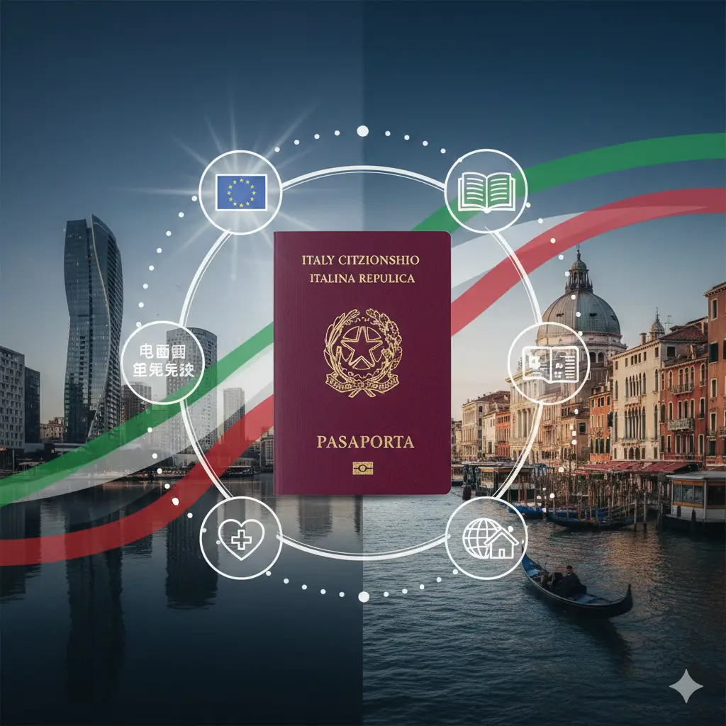 视觉化呈现意大利护照的功能，画面中心是一张意大利护照，周围发散出多个半透明的图标，代表欧盟免签、教育福利、医疗保障和全球居住权。背景是融合了米兰现代建筑与威尼斯水城的拼贴艺术风格，展现其作为欧盟公民在多国自由穿行的特性。色彩采用意大利国旗的红白绿渐变点缀，构图均衡且具有现代感。