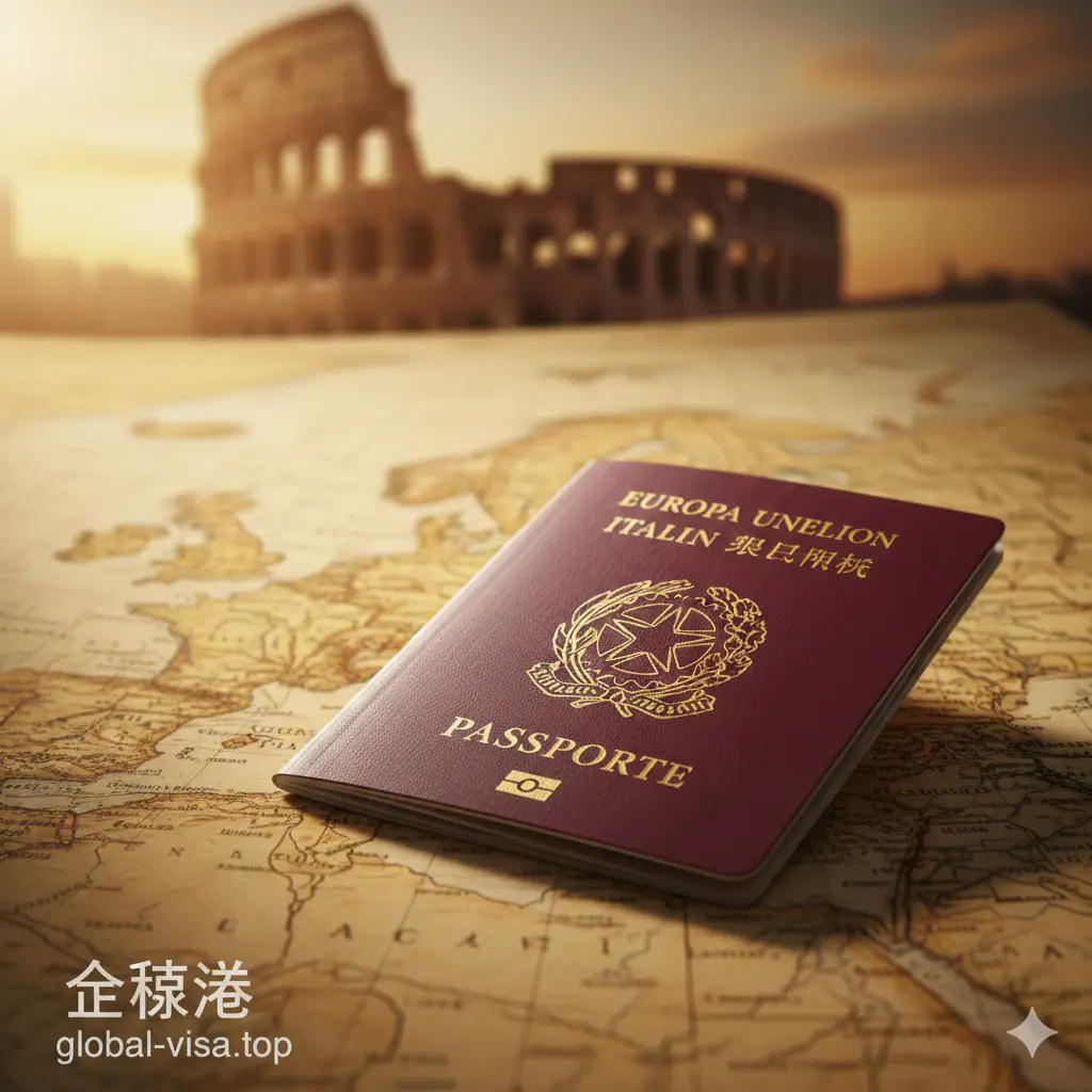 一张高清的意大利护照封面特写，护照放置在质感十足的深木色桌面或精美的欧洲古地图上。护照的红色封皮和金色国徽纹理清晰，阳光从斜侧方洒入，营造出一种高端、权威且充满希望的旅行氛围。背景略微虚化，展示模糊的罗马斗兽场剪影，整体色调偏暖，左下角可留白方便叠加global-visa.top网站标题。