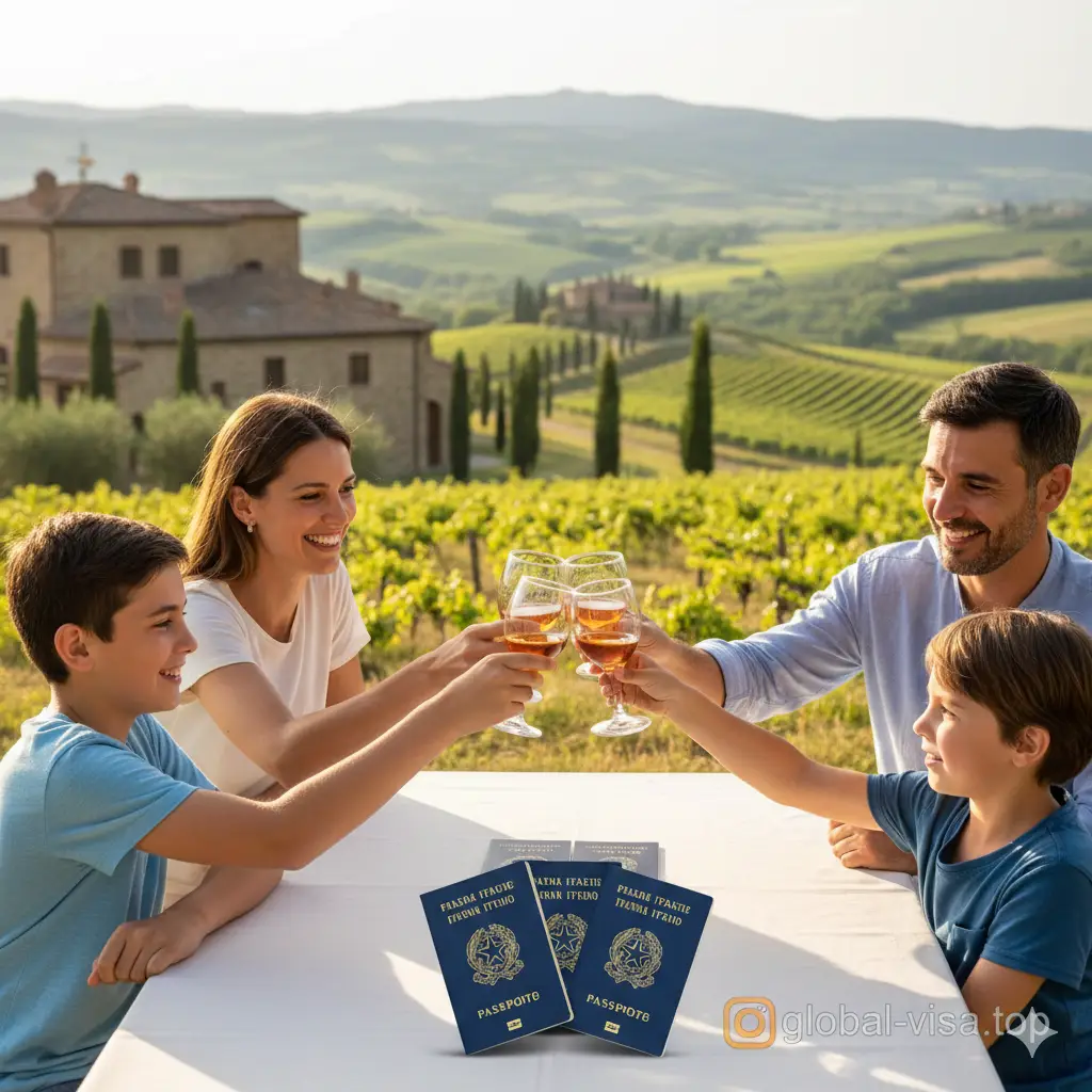 总结性的温馨画面，展示一家人在托斯卡纳艳阳下的庄园前举杯庆祝，桌上放着刚领取的意大利护照。这象征着10年居住入籍或血统入籍后的最终成功。画面充满幸福感与归属感，色彩饱满，构图以人物为中心，背景是经典的意大利乡村美景，向global-visa.top的读者传递‘开启新生活’的愿景。