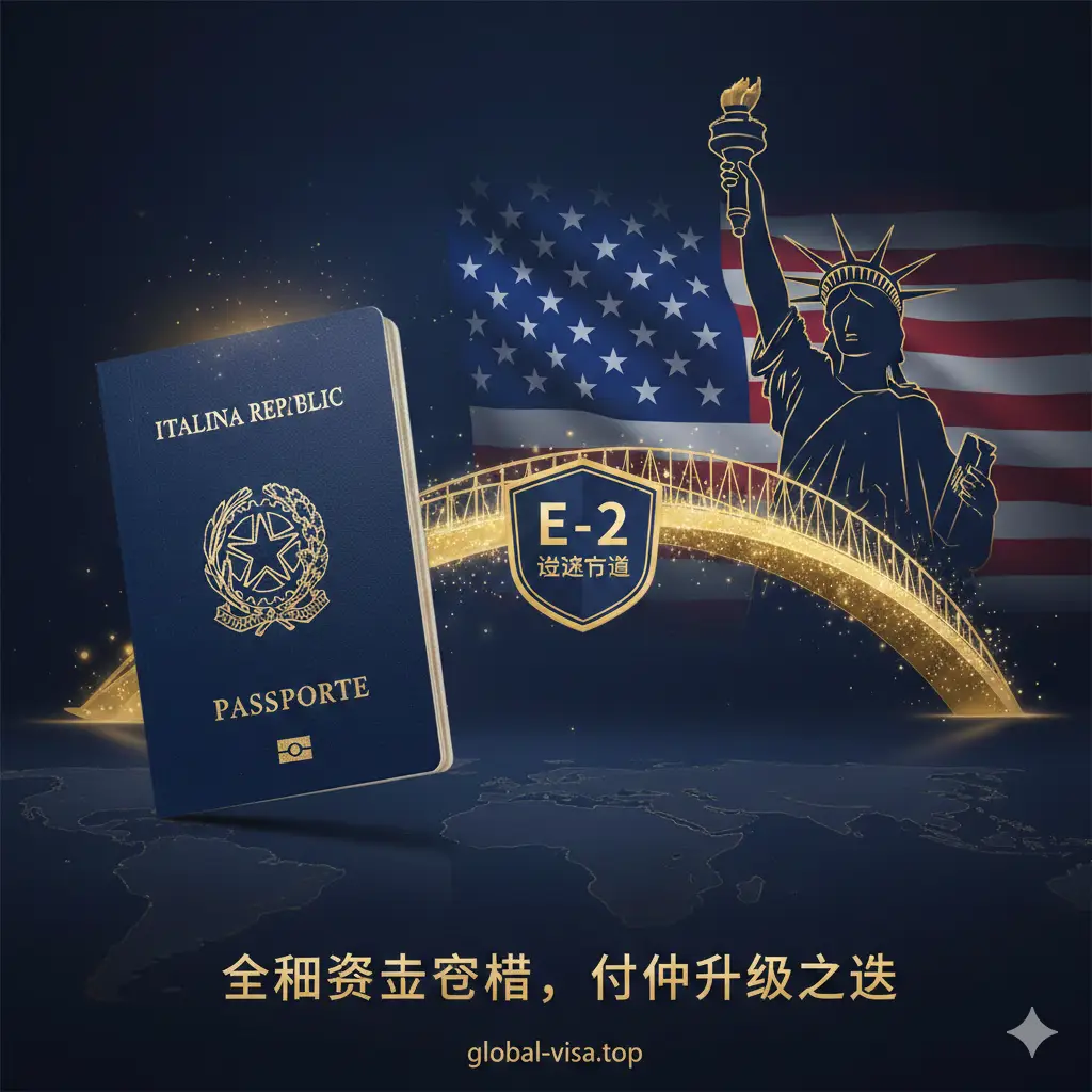 表现意大利护照作为‘黄金跳板’的优势，画面左侧是意大利护照，右侧是美国自由女神像或星条旗元素，中间用一座发光的桥梁连接。寓意持有者可以凭借意大利国籍轻松申请美国E-2签证。风格大气磅礴，使用深蓝色和金色的对比，体现全球资产配置与身份升级的高端价值感。