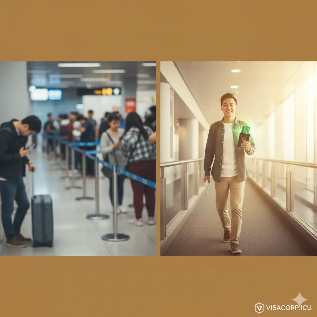 一张展示免签政策功能的图片。画面中心是一个放大的日本入境印章，上面清晰写着‘Temporary Visitor’和‘90 Days’字样。背景模糊处理，隐约可见繁华的东京银座街头。色彩以温暖的商务色调为主，构图简洁，重点突出‘90天免签’和‘旅游商务通用’的核心功能点，视觉上给人以权威和可信赖的感觉。