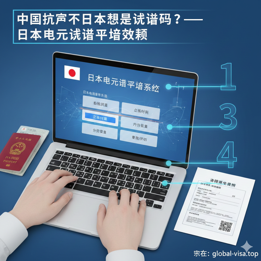 描绘日本电子签证(eVisa)申请流程的场景图。特写镜头聚焦在一双正在笔记本电脑上操作的手,屏幕上显示着日本外务省签证申请系统的模拟界面,旁边放着实体护照、白底证件照和打印好的“签证签发证明”。画面右侧有虚浮的数字“1、2、3、4”步骤指引图标,通过光线引导视线,强调从在线提交到打印证明的全数字化流程,科技感与实用性并存,适合作为操作指南配图。