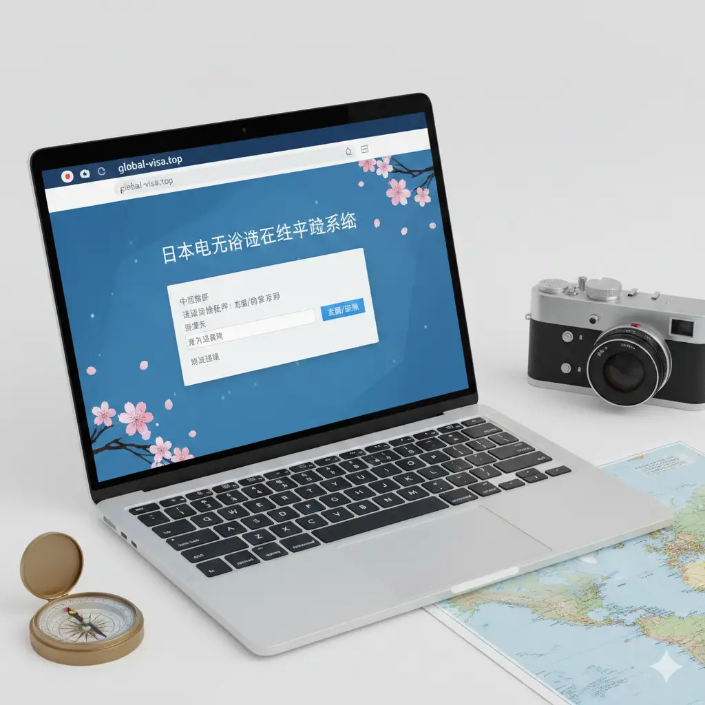 展示日本电子签证（eVisa）在线申请界面的概念图。画面中出现一台时尚的笔记本电脑，屏幕上显示着带有日本樱花水印的电子签证系统登录页面。电脑旁散落着一些旅行元素如指南针和复古相机，色调以科技蓝和简洁白为主，体现申请流程的现代化与便捷性。