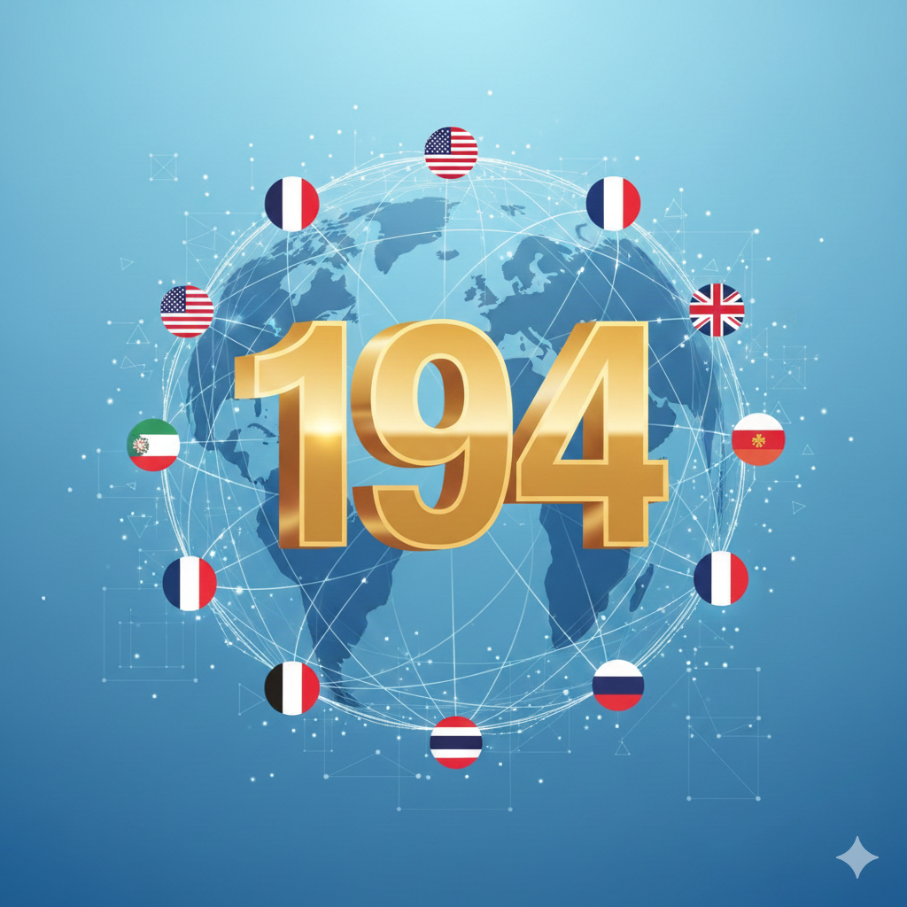 现代简约的数据可视化插图，核心元素是一个巨大的数字“194”，设计成金色的立体字样，象征日本护照可免签的国家数量。数字周围环绕着主要国家（如美国、英国、法国、泰国）的微型国旗图标，形成一个地球仪的形状。背景为干净的科技蓝渐变，配以连接线和节点，寓意全球互联与通行无阻，突显日本护照含金量。