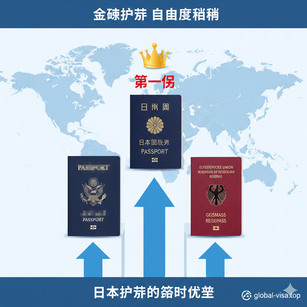 商务分析风格的对比图，画面中央是一个领奖台或柱状图，日本护照位于最高的冠军位置，并在上方标记‘No.1’的皇冠图标。旁边稍低的位置放置美国护照和德国护照作为对比。画面采用蓝白配色的专业图表风格，底部辅以向上的增长箭头，强调日本护照在全球旅行自由度排名中的绝对优势地位。