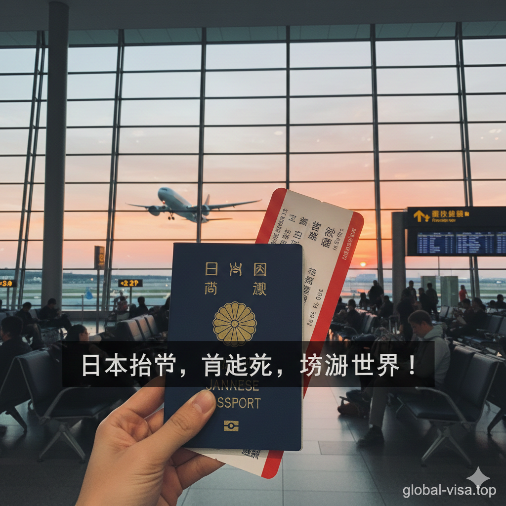 充满生活气息的实景合成图，视角为第一人称手持日本护照，背景是繁忙的现代化国际机场候机大厅，透过巨大的落地窗可以看到飞机正在起飞。夕阳的余晖洒在护照和机票上，营造出温暖、充满希望的出发感。图片传达出‘持有日本护照，随时开启说走就走的旅行’的总结性寓意。