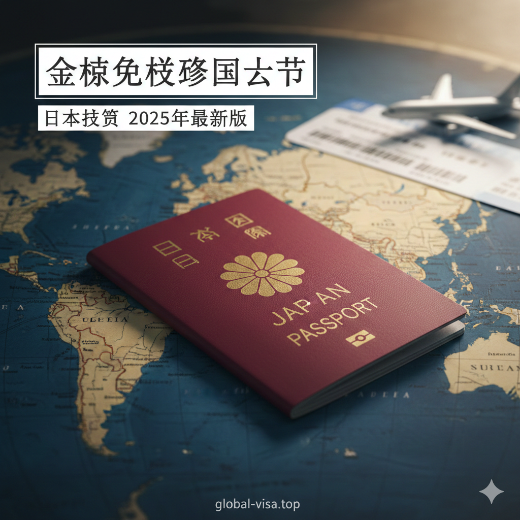 一张极具质感的高清摄影风格图片，展示一本红色的日本护照平放在一张复古风格的世界地图上。护照封面上的菊花纹章清晰可见，散发着金色光泽。背景虚化处理，隐约可见飞机模型和登机牌，象征着全球旅行的自由。整体色调为温暖的高级红与深蓝搭配，光线柔和，营造出权威且令人向往的国际旅行氛围，完美契合2025年最新日本护照免签国家列表的主题。